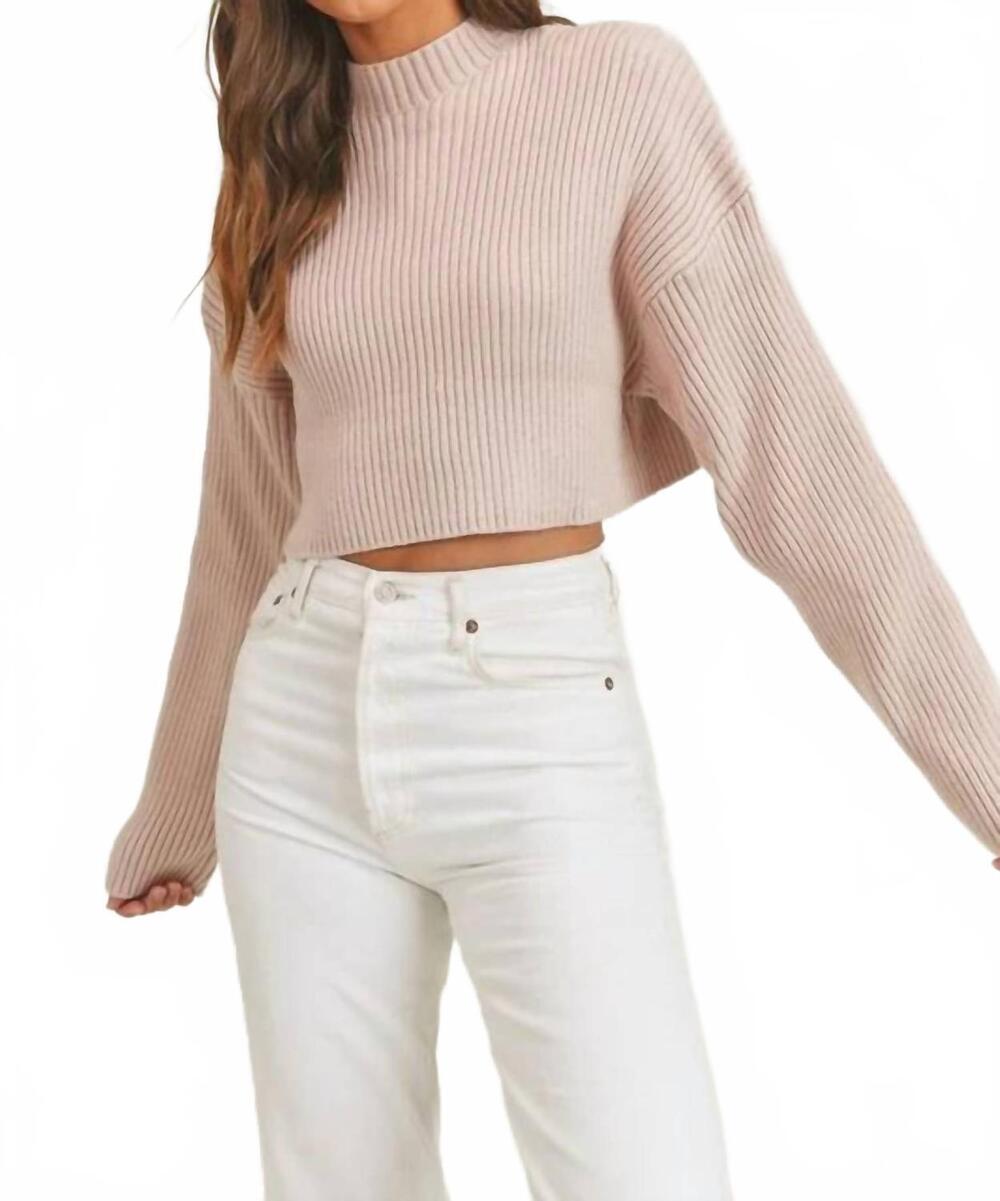 NEW MABLE mock neck cropped long sleeve ribbed sweater in dusty rose